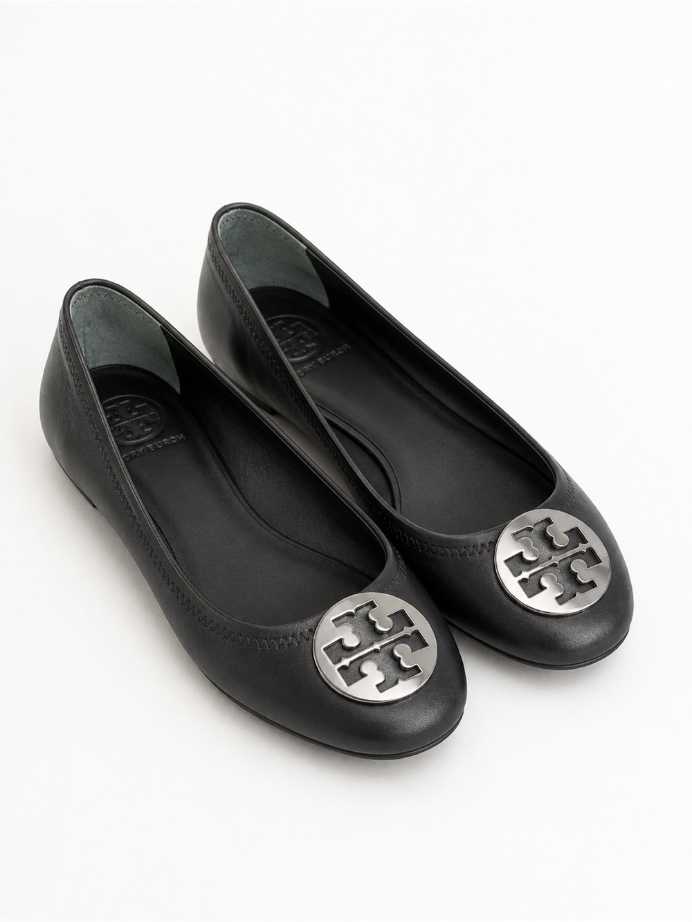 Tory Burch Reva black leather ballet flats  silver medallion emblem size 8M